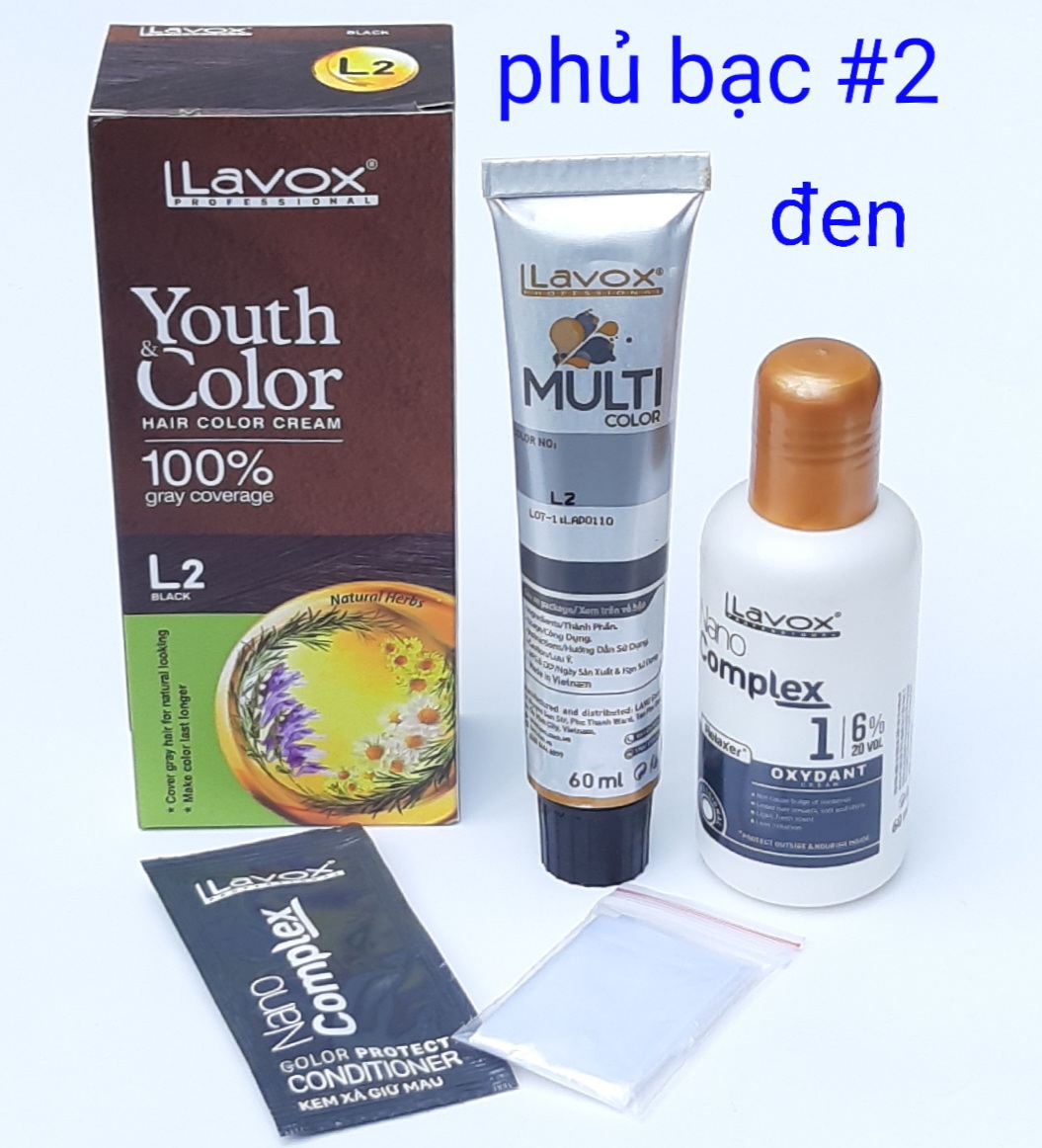 Nhuộm Lavox nhuộm PHỦ BẠC  LAVOX 100% màu đen (TẶNG KÈM OXY TRỢ NHUỘM) nhuộm phủ bạc lavox Cao Cấp 100% 60x2 (L2)
