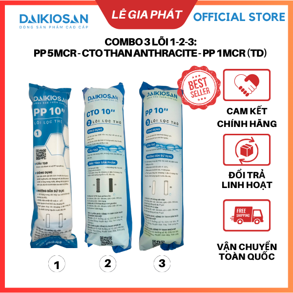 Chính hãng - Bộ 3 lõi lọc nước RO 1 - 2 - 3 Đại Việt, dùng cho các dòng máy lọc nước RO Daikiosan, Makano, Sunhouse, Kangaroo, Karofi, Aqua