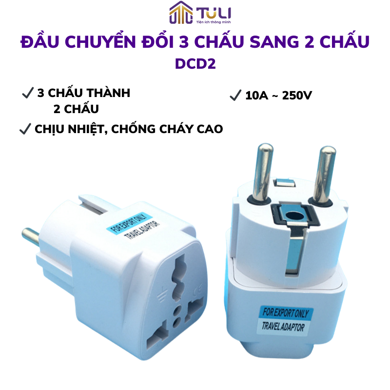 Đầu Nối Ổ Cắm Điện Chuyển Đổi Từ 3 Chấu Sang 2 Chấu Phích Tròn TULI, An Toàn, Tiện Dụng Trong Gia Đình, Văn Phòng