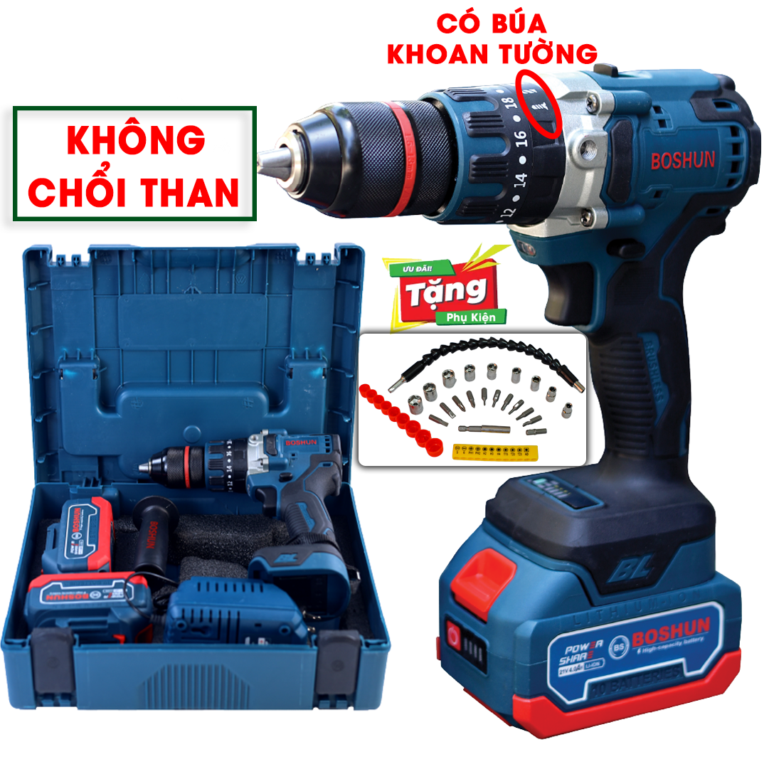[KHÔNG CHỔI THAN] Máy Khoan Pin Boshun BOSHUN 13mm BS-ID1390BL - Lõi Đồng 100% - 3 Chức Năng - Khoan - Búa - Bắt Vít - Có Đảo Chiều - Tặng Bộ 29 Phụ Kiện - Máy Khoan Tường, Gỗ, Bê Tông, Bắt Vít,...