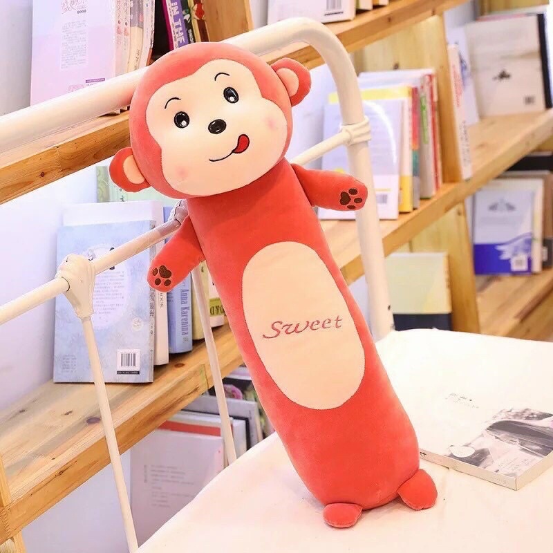 🐶 Gối ôm cho bé hình thú thỏ khỉ ếch sư tử vải nỉ nhung mềm mịn - gấu ôm chơi ngủ mẫu Khỉ đỏ sz 70cm - An toàn cho bé