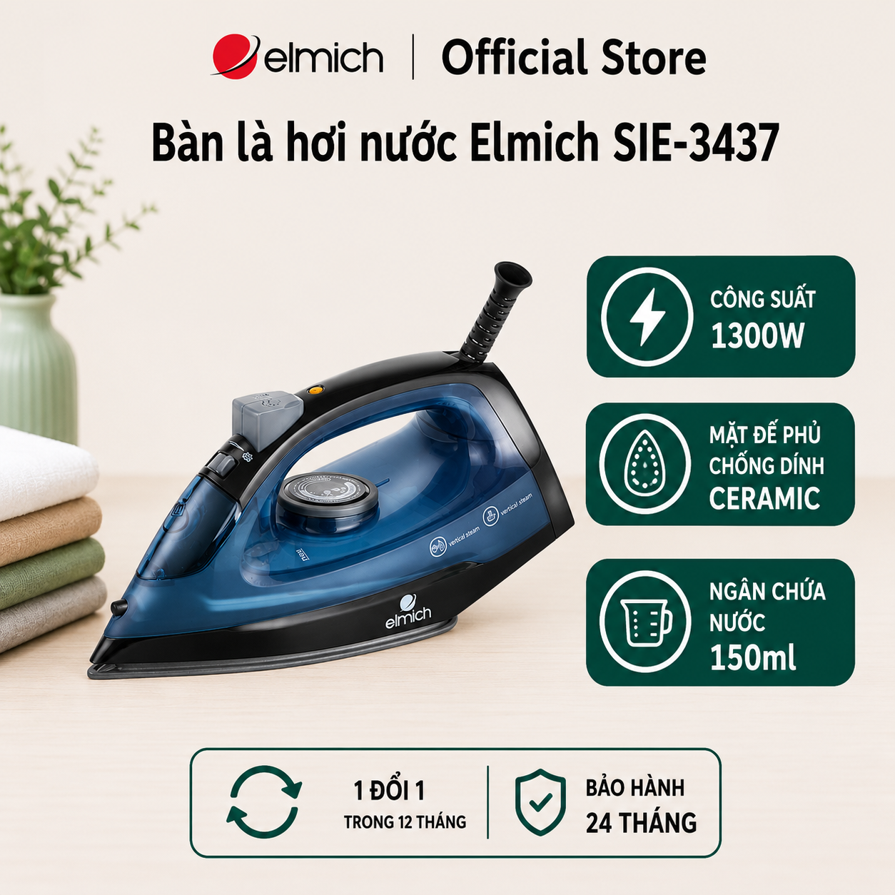 (Chỉ 25-29.07)Bàn là hơi nước Elmich SIE-3437