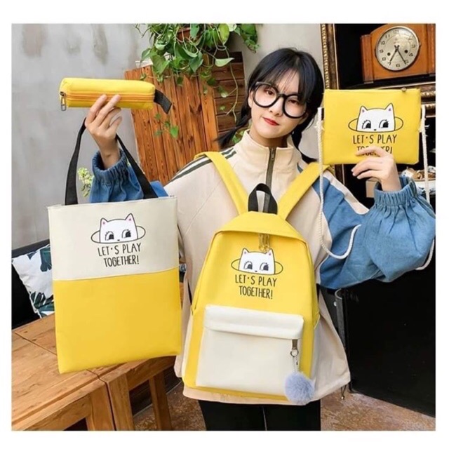 Balo đi học kém túi xách ví và hộp bút com bo 4in 1 thời trang kiểu mới chữ LET’S PLAY TOGETHER
