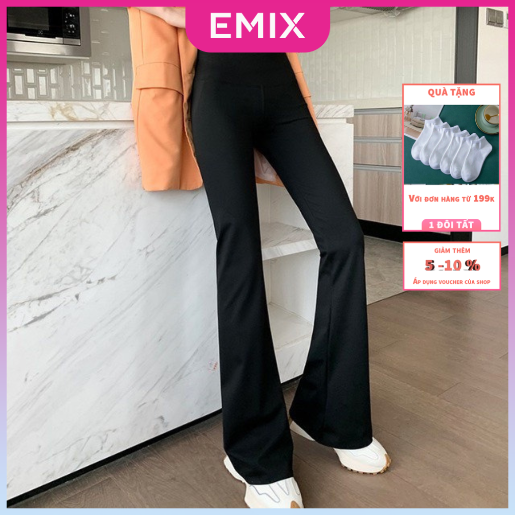 Quần legging ống loe cạp cao EMIX, dáng dài, cạp cao, vải umi co giãn tốt