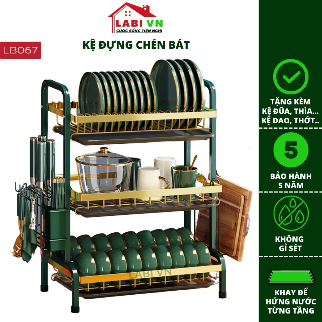 [Miễn phí vận chuyển] Kệ úp chén đa năng, kệ bát đĩa LABI VN LB067 thép Cacbon không gỉ, kháng khuẩn, có 2 tầng và 3 tầng với 2 màu lựa chọn