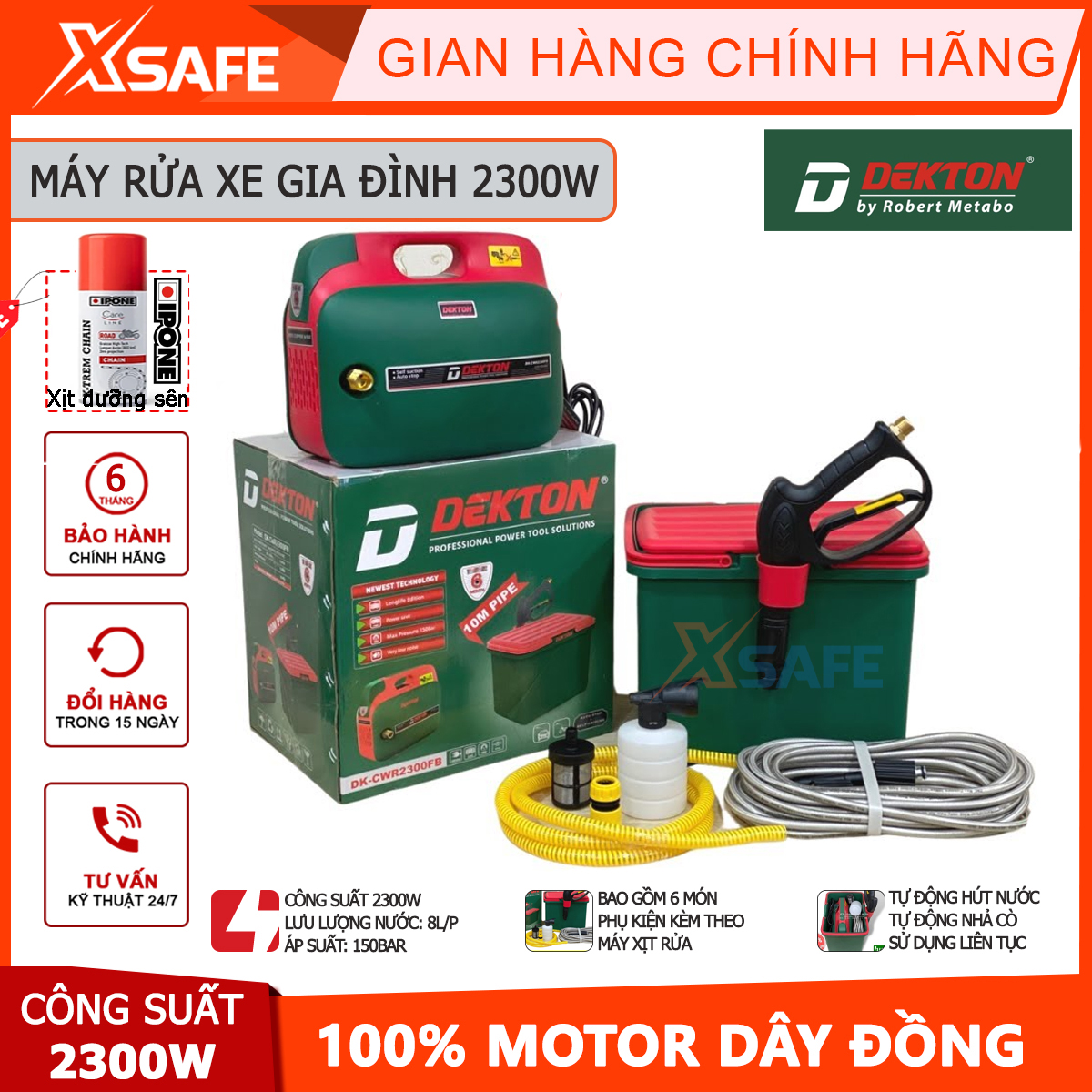 Máy rửa xe2300W DEKTON DK-CWR2300FB (tặng xịt dưỡng sên IPONE) máy rửa xe gia đình motor lõi đồng, lưu lượng nước 8 lít/phút, tự ngắt máy khi nhả cò, tự động hút nước, máy bơm rửa xe, tưới vườn, loại bụi bẩnXSAFE