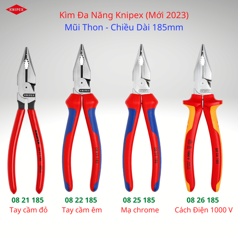 Kìm đa năng mũi thon knipex 08 21 185/ 08 22 185/ 08 25 185/ 08 26 185 lưỡi cắt 61hrc