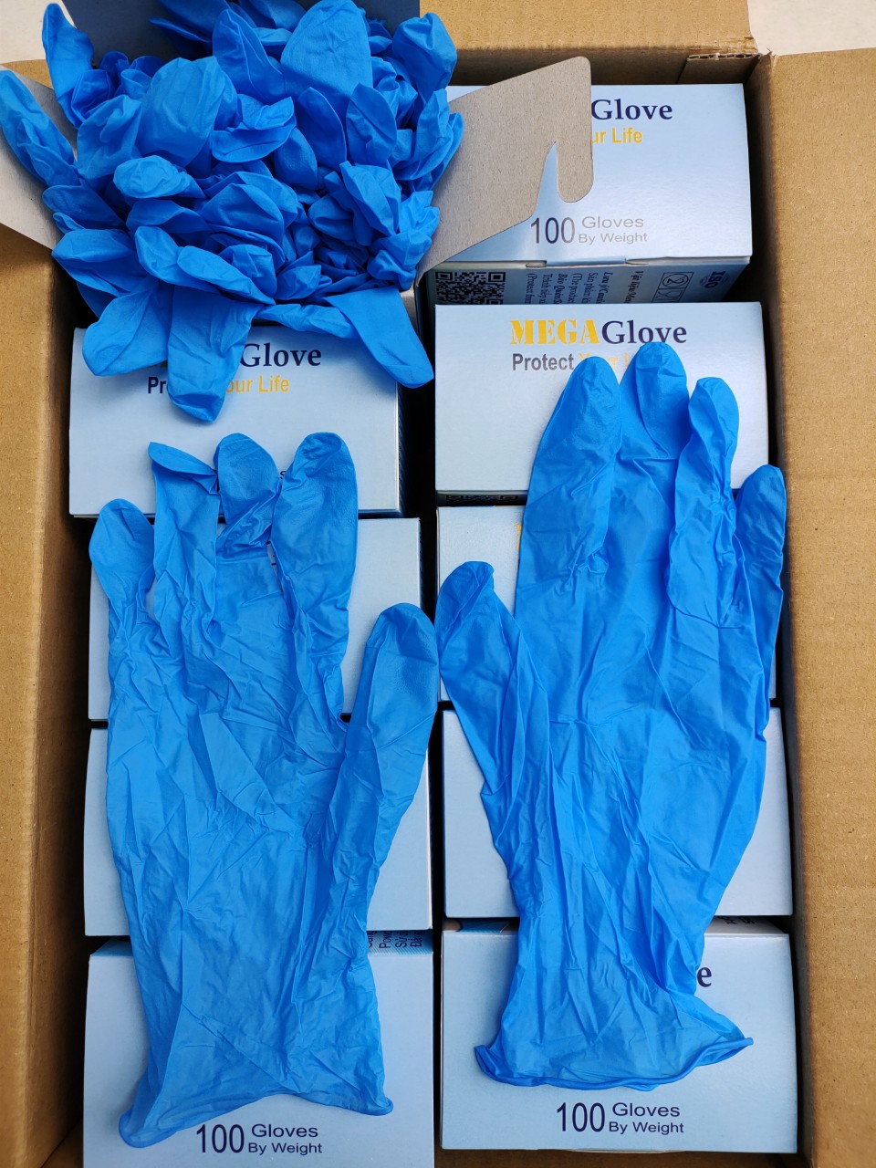 Găng tay y tế nitrile không bột mega glove, thùng 10 hộp, bịch 100 chiếc, hộp 100 chiếc, bịch 01 kg/260 chiếc/130 đôi, màu xanh - đa công dụng