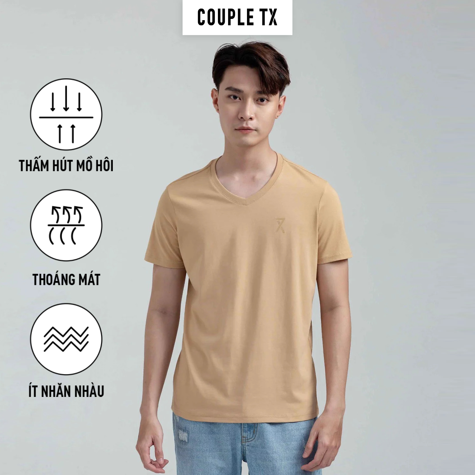 Áo thun nam cổ tim couple tx basic vải đốm in logo x