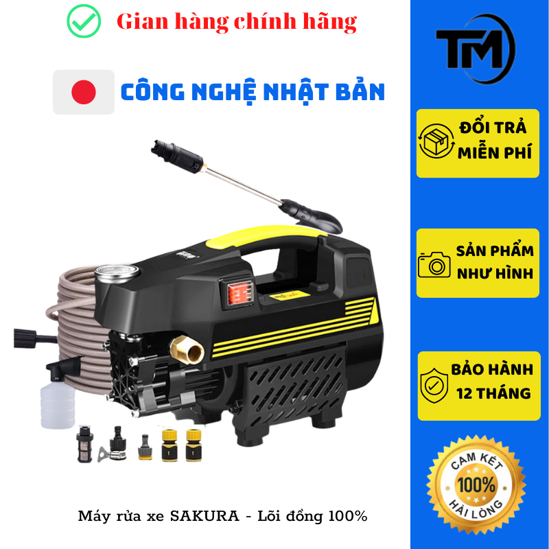 Máy xịt rửa mini - máy rửa xe sakura - 1800W - motor từ- tự hút nước - có video