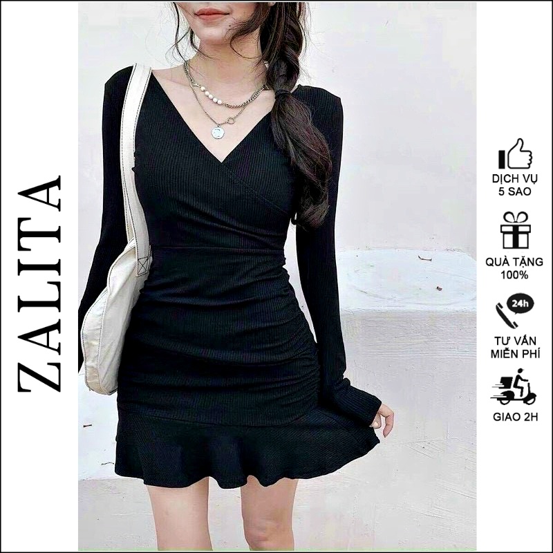 Váy body đuôi cá zalita, đắp chéo đuôi cá đầm nữ tay ngắn ôm body d005