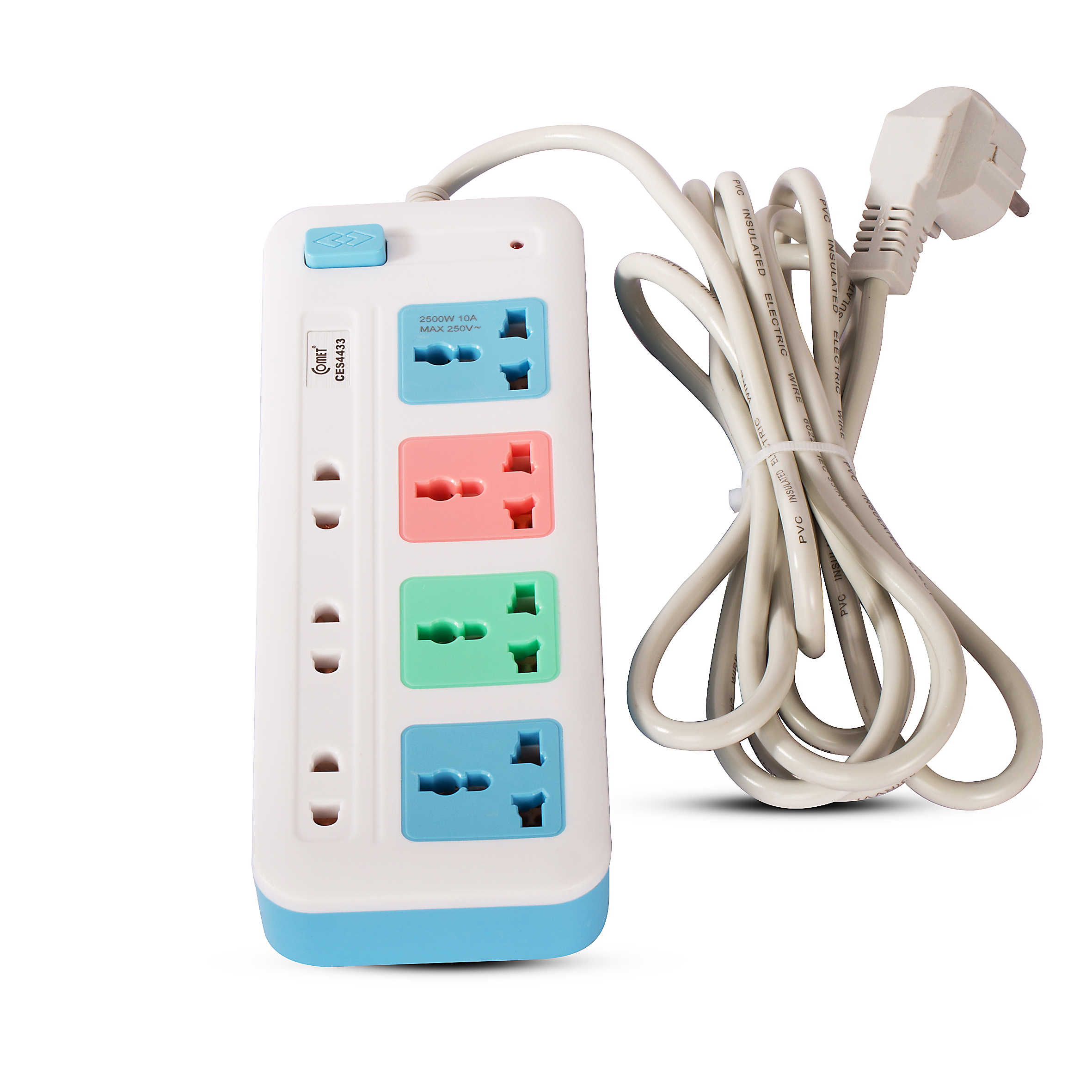 Ổ Cắm nối dài Comet CES4433, 04 ổ cắm đa năng ba chấu, 03 ổ cắm hai chấu, thích hợp tất cả phích điện, bảo đảm an toàn