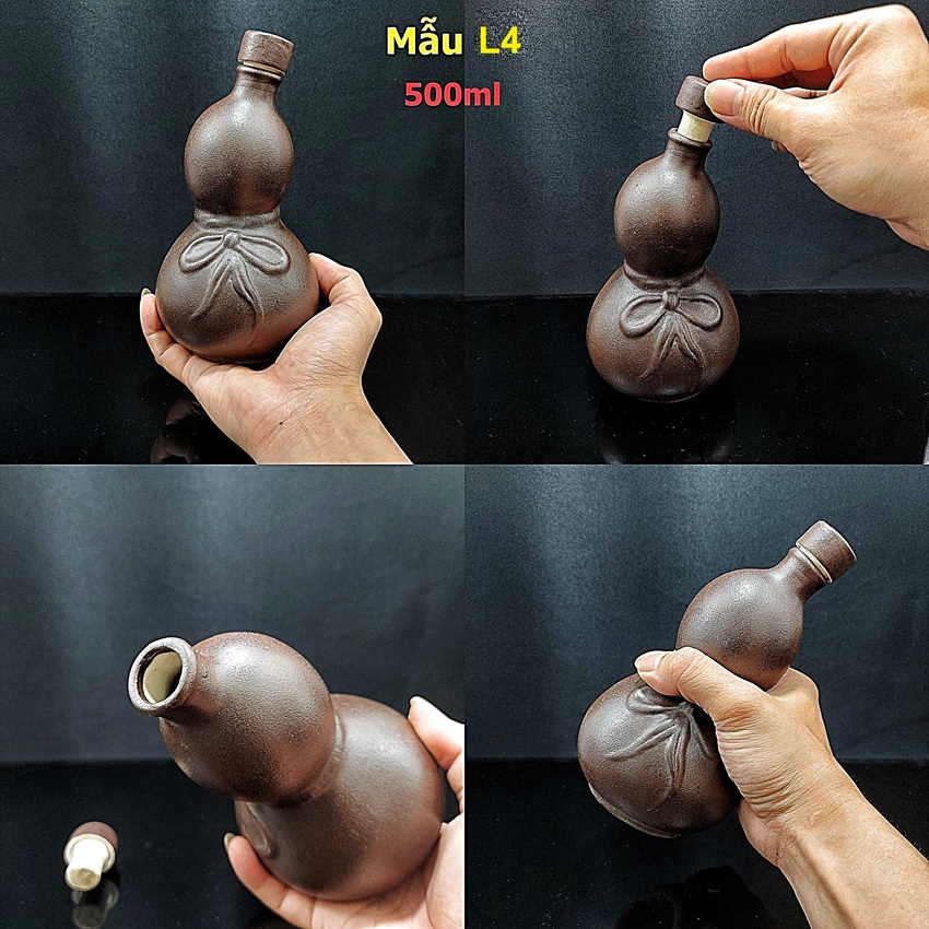 Nậm rượu gốm sứ 500ml bát tràng mẫu hồ lô nghiêng màu nâu đất - nậm rượu bát tràng cho giới sành tửu – nậm rượu đẹp - chai đựng rượu gốm sứ