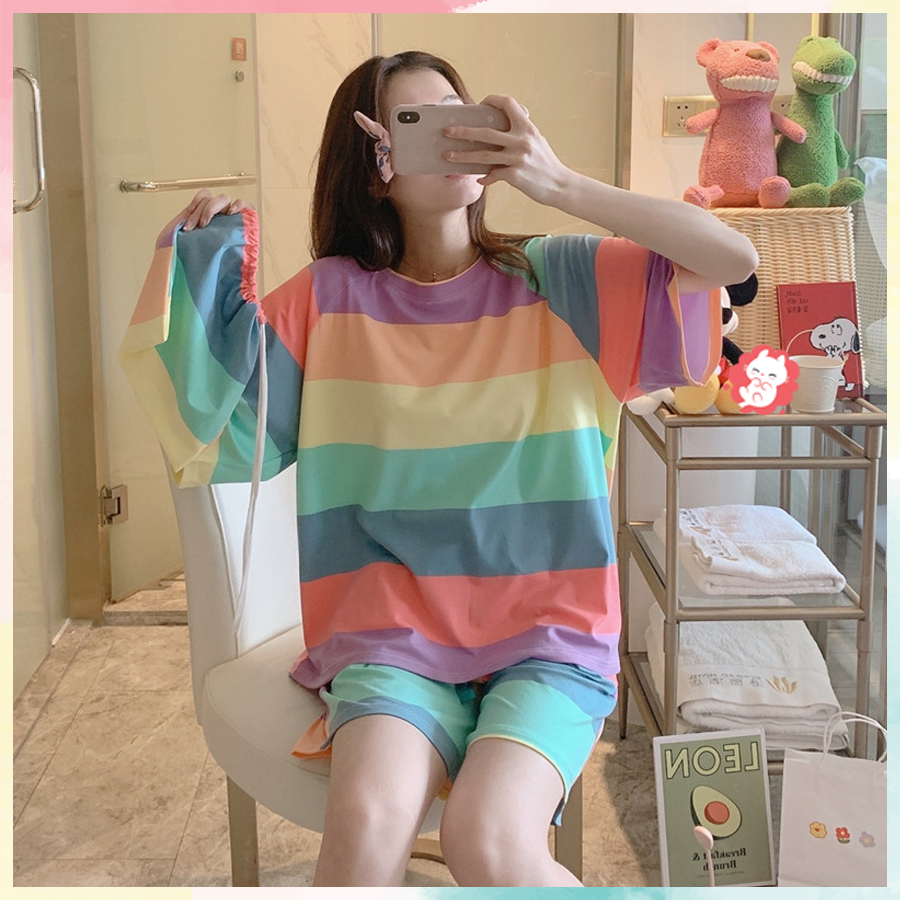 Bộ đồ mặc nhà cotton thun sữa 7 sắc cầu vồng có bigsize BC12