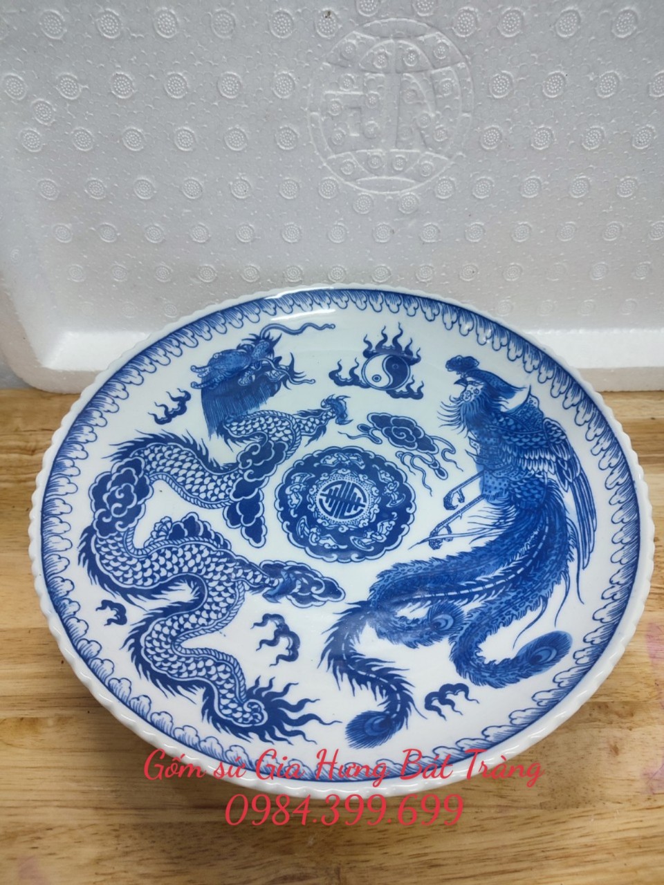 Đĩa đựng hoa quả thờ vẽ rồng phượng gốm sứ Bát Tràng