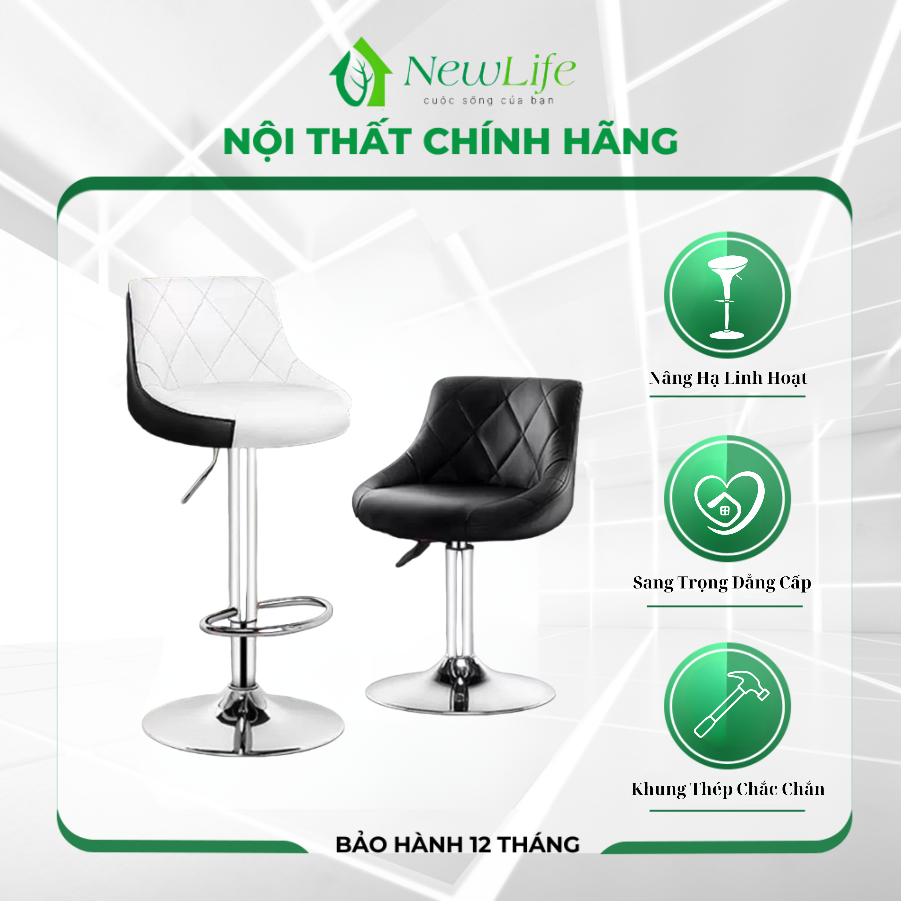 Ghế quầy bar bọc da PU đệm cao su cao cấp NewLife - Ghế bar nâng hạ, tựa lưng - ghế spa trang điểm sang trọng