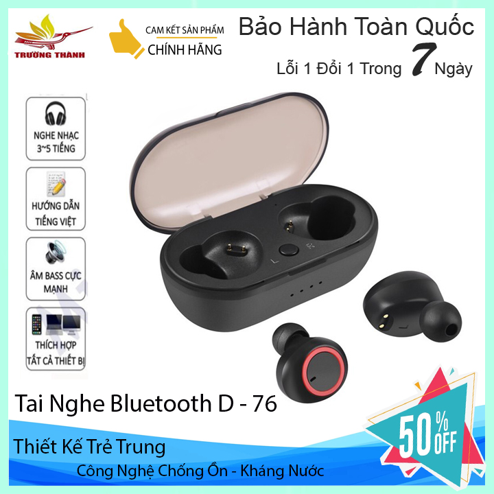 Tai nghe bluetooth không dây D76 TWS-[MÀU ĐEN ]Tự động kết nối-Chống ồn tốt-Tai nghe thể thao kèm cốc sạc nhanh-Tai nghe Blueooth 10m