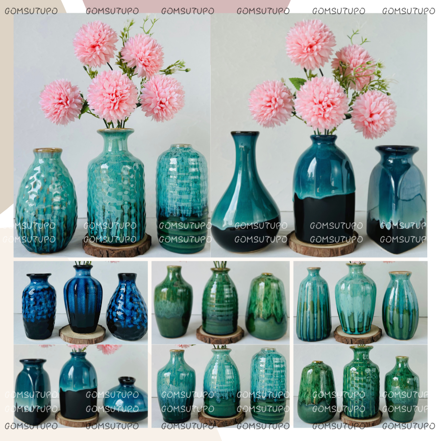 SET 3 Lọ Hoa gốm mini hỏa biến decor Bát Tràng , GOMSUTUPO , bình hoa sứ xinh sắn trang trí không gian phòng