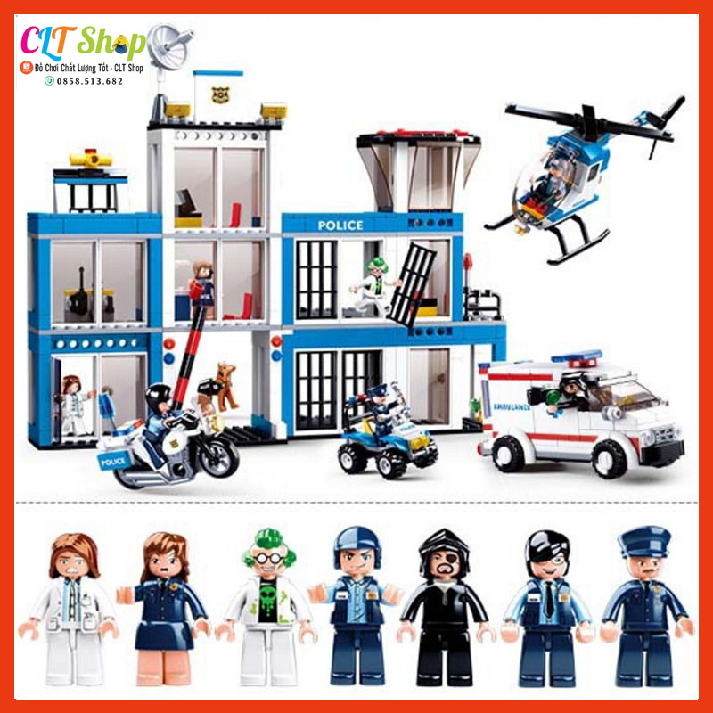 Đồ chơi cho bé lego trụ sở cảnh sát police Station xếp hình Đồn Cảnh Sát xe máy bay Sluban B0660