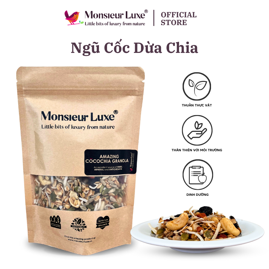 Granola cao cấp vị dừa chia mix 11 loại hạt monsieur luxe