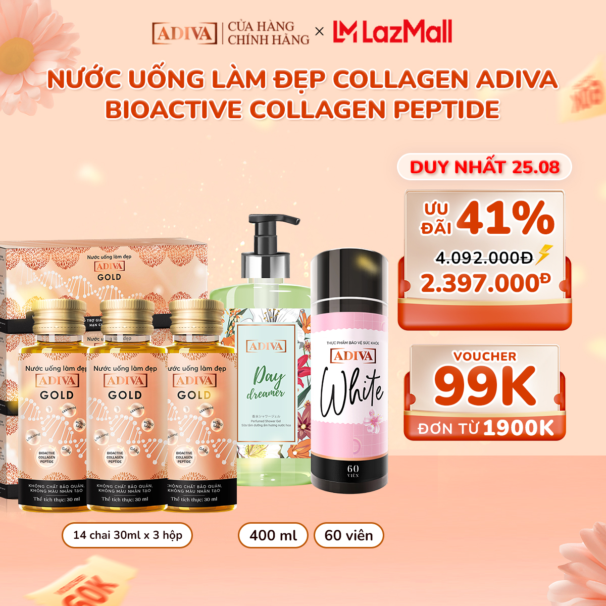Combo 3 hộp collagen adiva gold tặng combo viên uống trắng da white 60 viên + 1 sữa tắm day dreamer 400ml