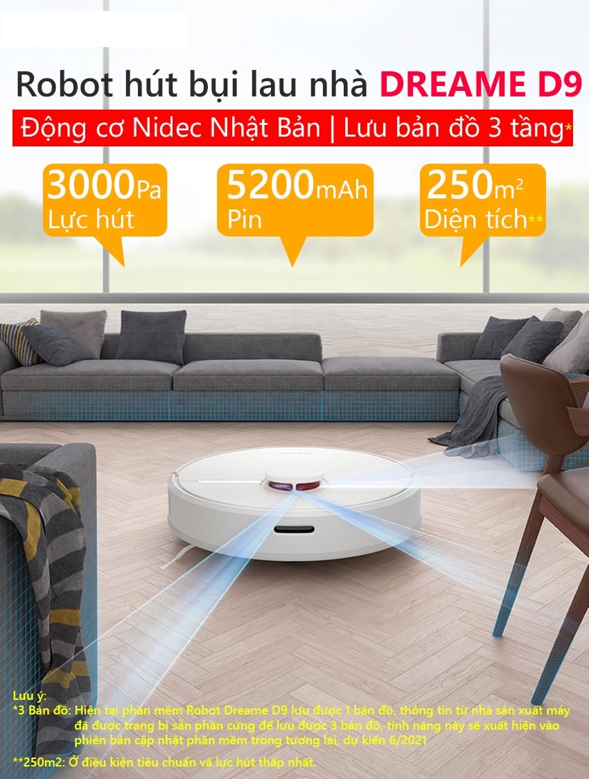 Robot hút bụi lau nhà Vacuum Dreame D9 kết nối App Mihome