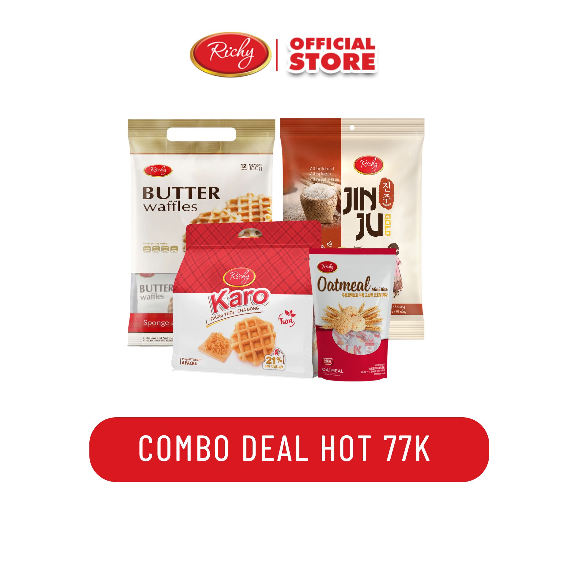 [DEAL HOT 77K] Combo bánh karo sợi gà tươi, bánh karo bơ trứng giòn xuất Nhật, bánh gạo Jinju bò tiêu, túi yến mạch oatmeal vị sữa - Bánh kẹo Richy