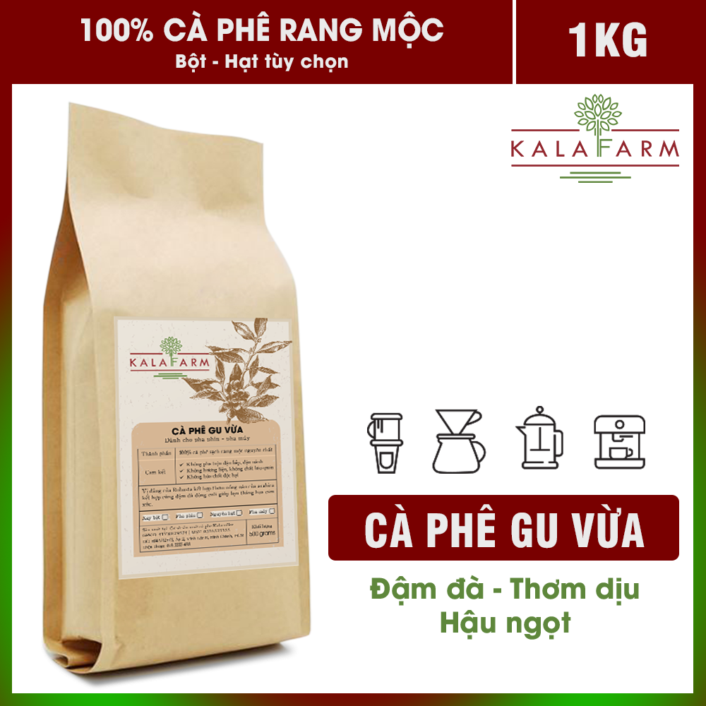 Combo 1Kg (2 gói) Cà phê Gu Vừa nguyên chất rang mộc pha phin pha máy không tẩm ướp hương liệu Kalafarm- 2 gói 500g