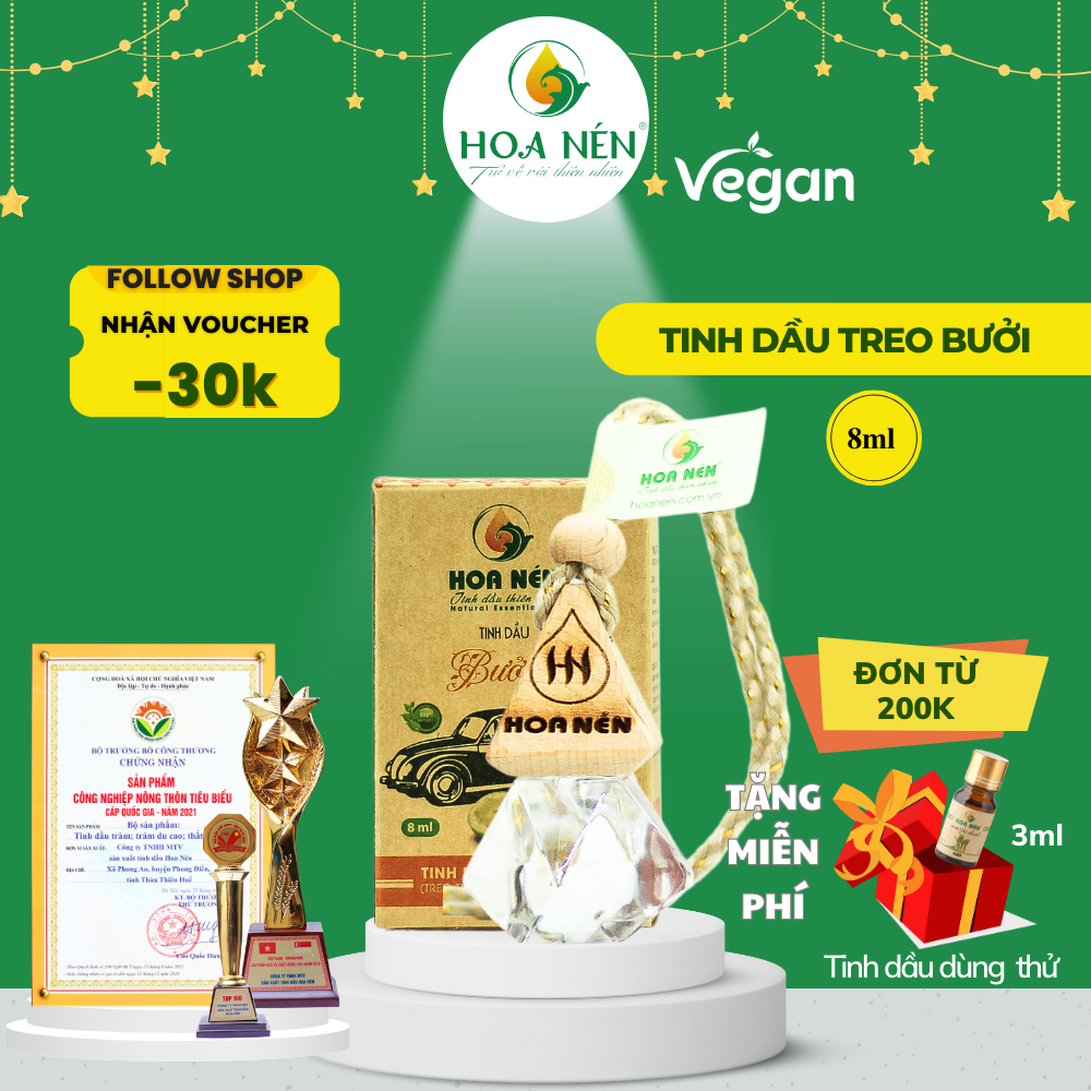 Chính hãng - tinh dầu treo bưởi nguyên chất 8ml - hoa nén - treo xe - kh.ử mùi, ch.ống say xe