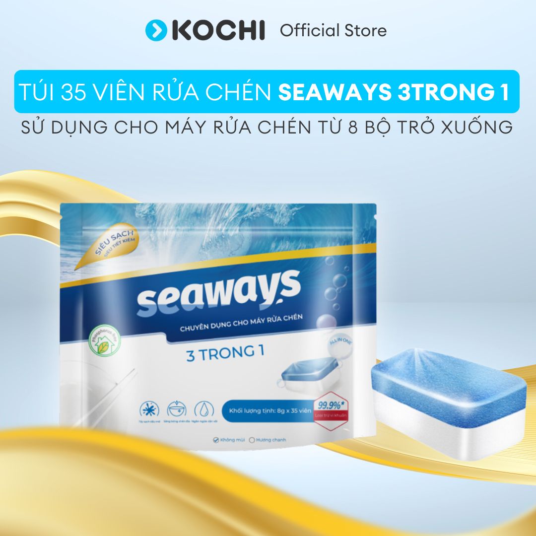 Viên rửa chén bát SEAWAYS 3 trong 1 Túi 35 viên x8gr chuyên dùng cho máy rửa chén bát - An toàn sạch hoàn hảo - KOCHI