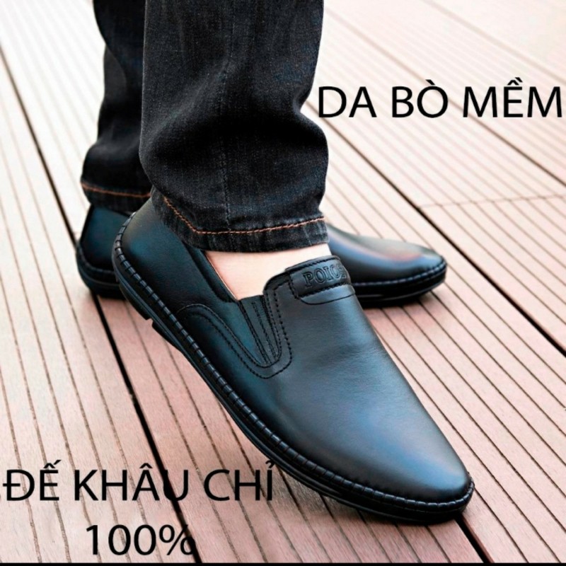 Giày lười nam giày mọi nam đẹp da bò thật đế khâu chỉ dù siêu bền