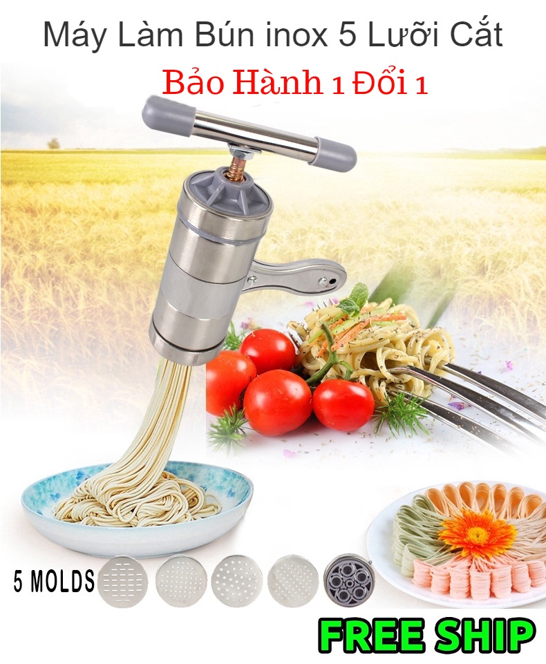 Máy Làm Bún Tươi, Mỳ Sợi 5 Đầu Cắt Inox(Bạc) - Máy Làm Bún Mì Phở Đa Năng 5 Lưỡi Cắt Bằng Innox Tiện Ích, Giúp Bạn Làm Ra Những Sợi Bún, Mì Tươi Ngon, An Toàn - BH 1 ĐỔI 1