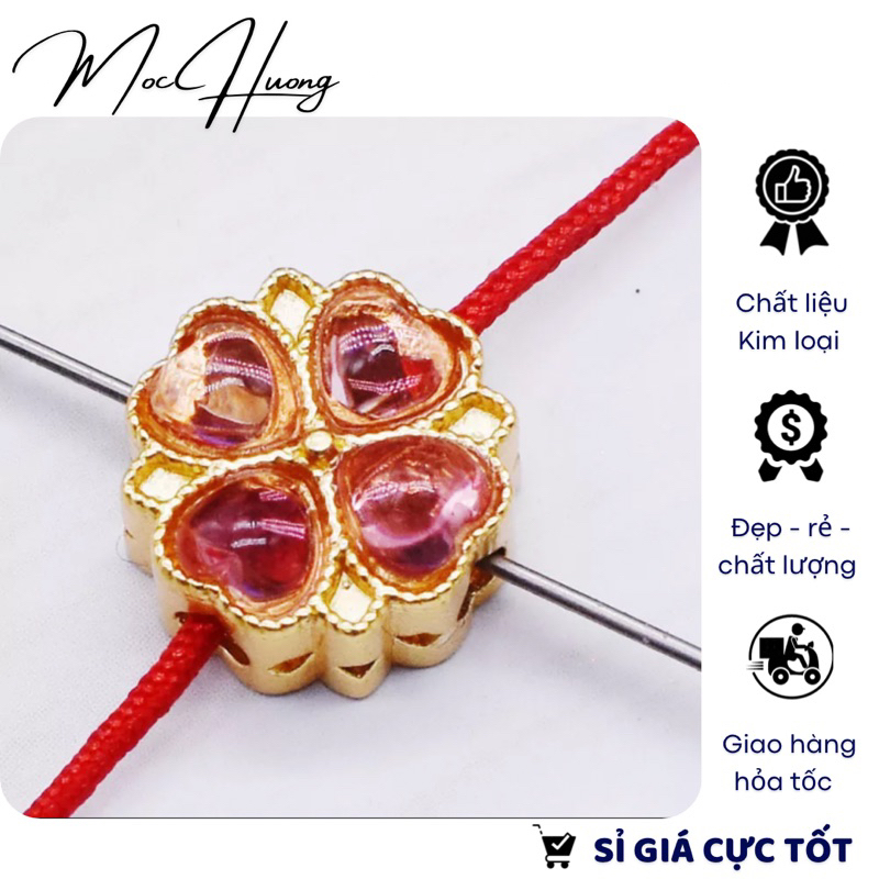 Charm cỏ 4 lá đính đá màu hồng - kl197