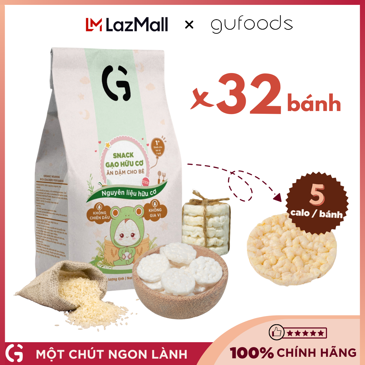 Bánh snack ăn dặm hữu cơ cho bé GUfoods (gói 40g = 25 bánh) - Thành phần gạo organic, Không gia vị, Dễ Tiêu hoá, Phù hợp cho bé từ 1 tuổi