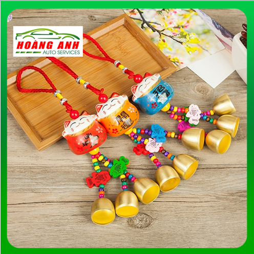 Khánh treo xe ô tô mèo thần tài phát lộc có chuông, dây treo mèo thần tài, chuông gió mèo thần tài