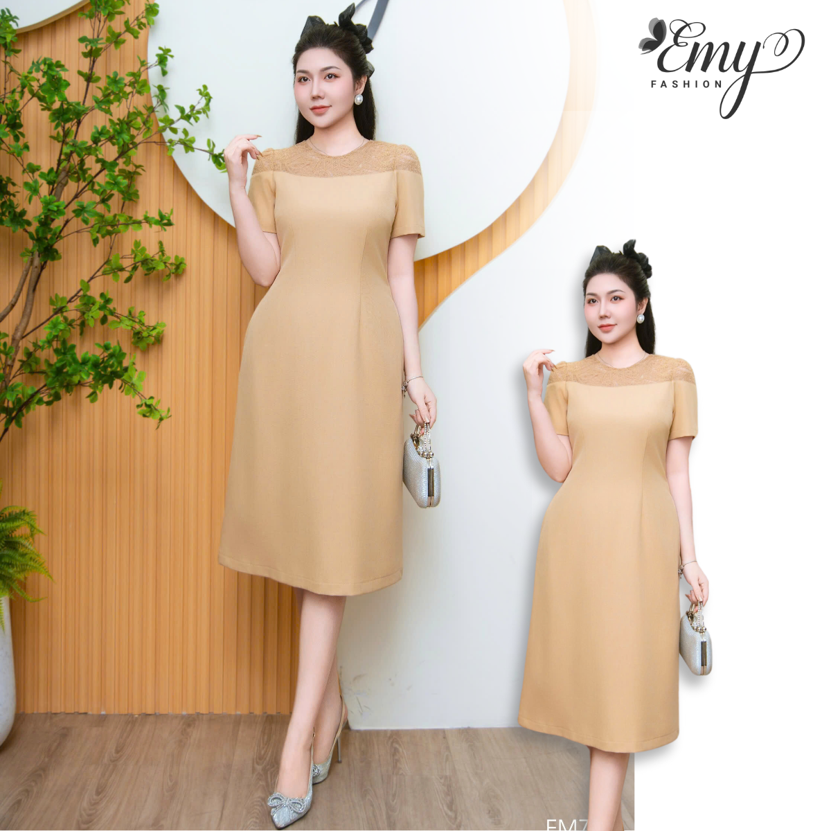 Đầm Thiết Kế EMY Thời Trang Cao Cấp EM7681 Vải Bố Rubi Màu Kem Sang Chảnh Đi Tiệc