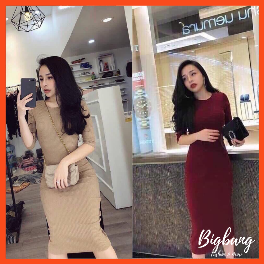 Váy Body len tăm cực xinh, đầm body thun gân loại 1 tay lỡ cực hot