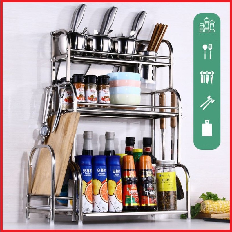Kệ gia vị, kể đồ đồ nhà bếp inox 3 tầng, được làm từ inox cao cấp, tích hợp để dầu ăn, nước nắm, hũ, muối, đường, tặng kèm kệ để dao thớt, ống cắm đũa thìa, móc treo đồ