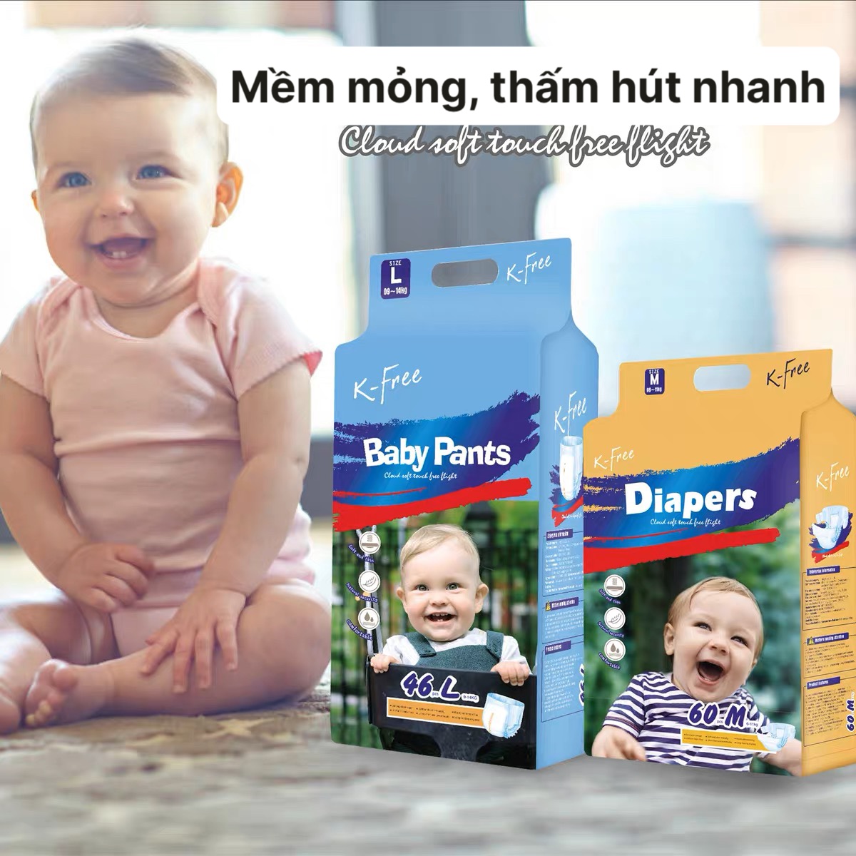 2 bịch tã dán và quần K-Free nhập khẩu Hàn Quốc size S M L XL XXL