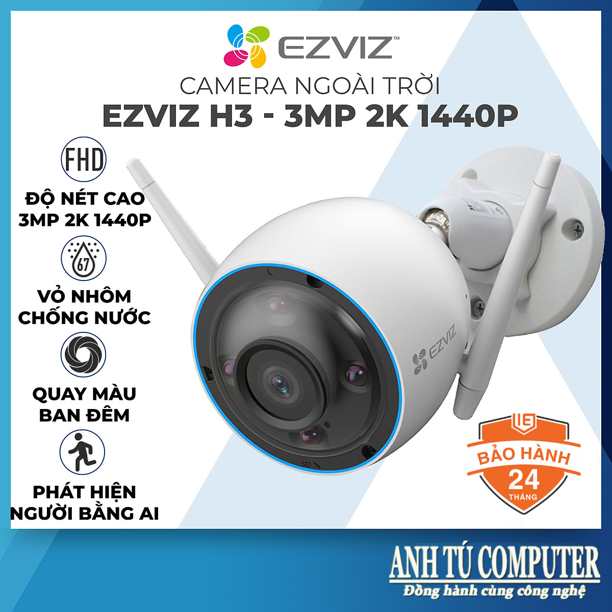 Camera ip wi-fi 3mp ezviz h3 2k hàng chính hãng
