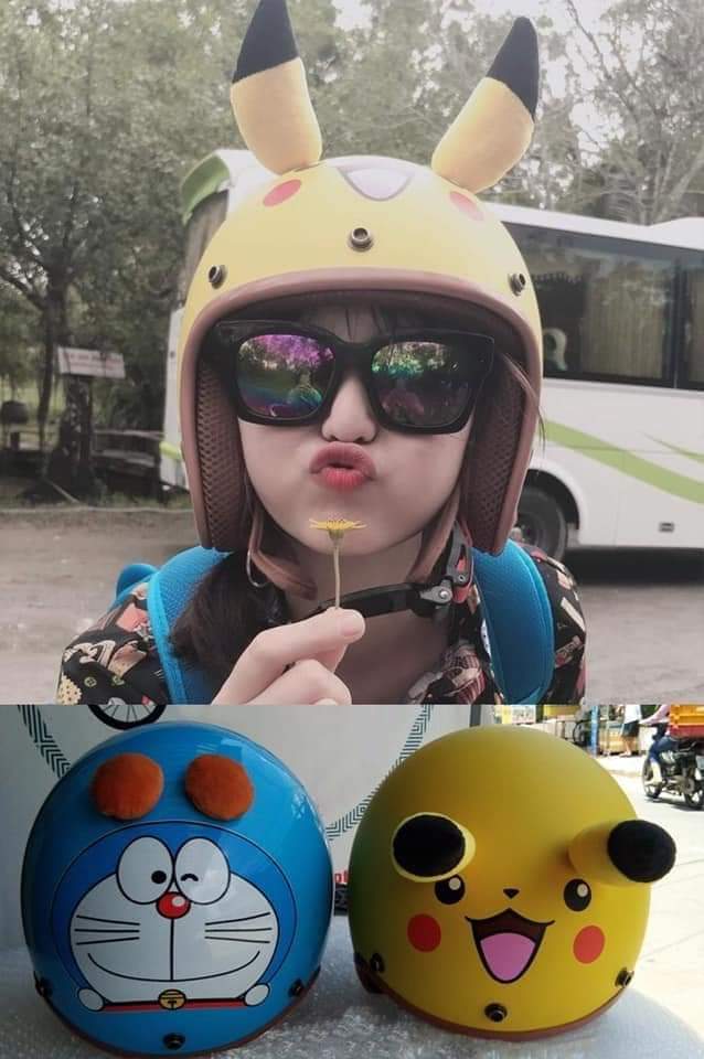 Mũ bảo hiểm 3/4 tem Pikachu vàng kèm tai siêu dễ thương