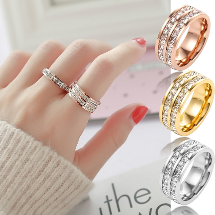 NHẪN TITAN 2 HÀNG ĐÁ VUÔNG THỜI TRANG HÀN QUỐC siêu đẹp, bền màu, chuẩn thời trang - tặng hộp đựng xinh xắn