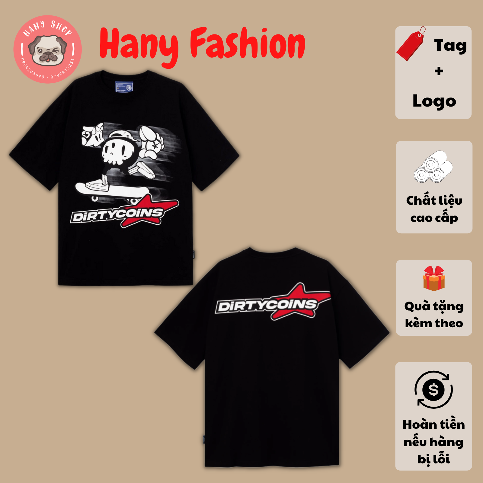 Áo thun tay lỡ form rộng Dirty Coins Skateboarding màu đen unisex nam nữ vải cotton dày mịn full tag Hany Fashion AL213