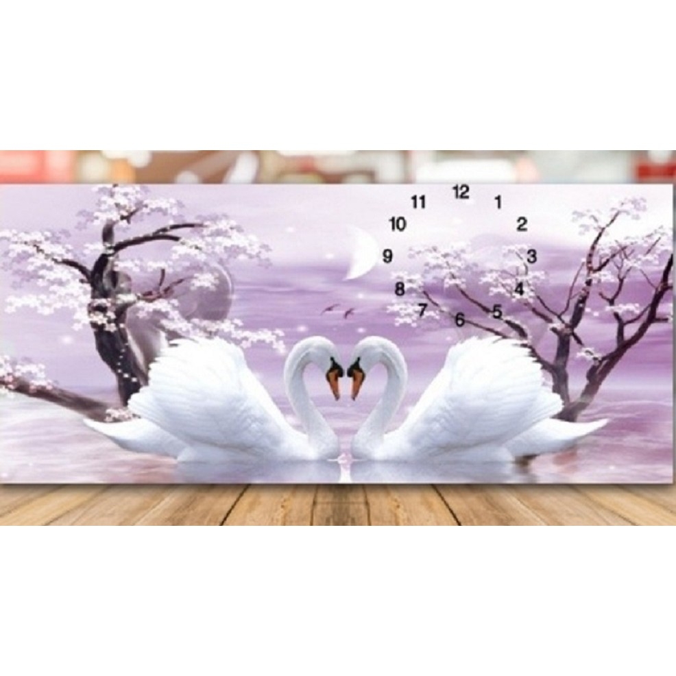 Tranh thêu 3d uyên ương hạnh phúc - đồng hồ 76x39cm