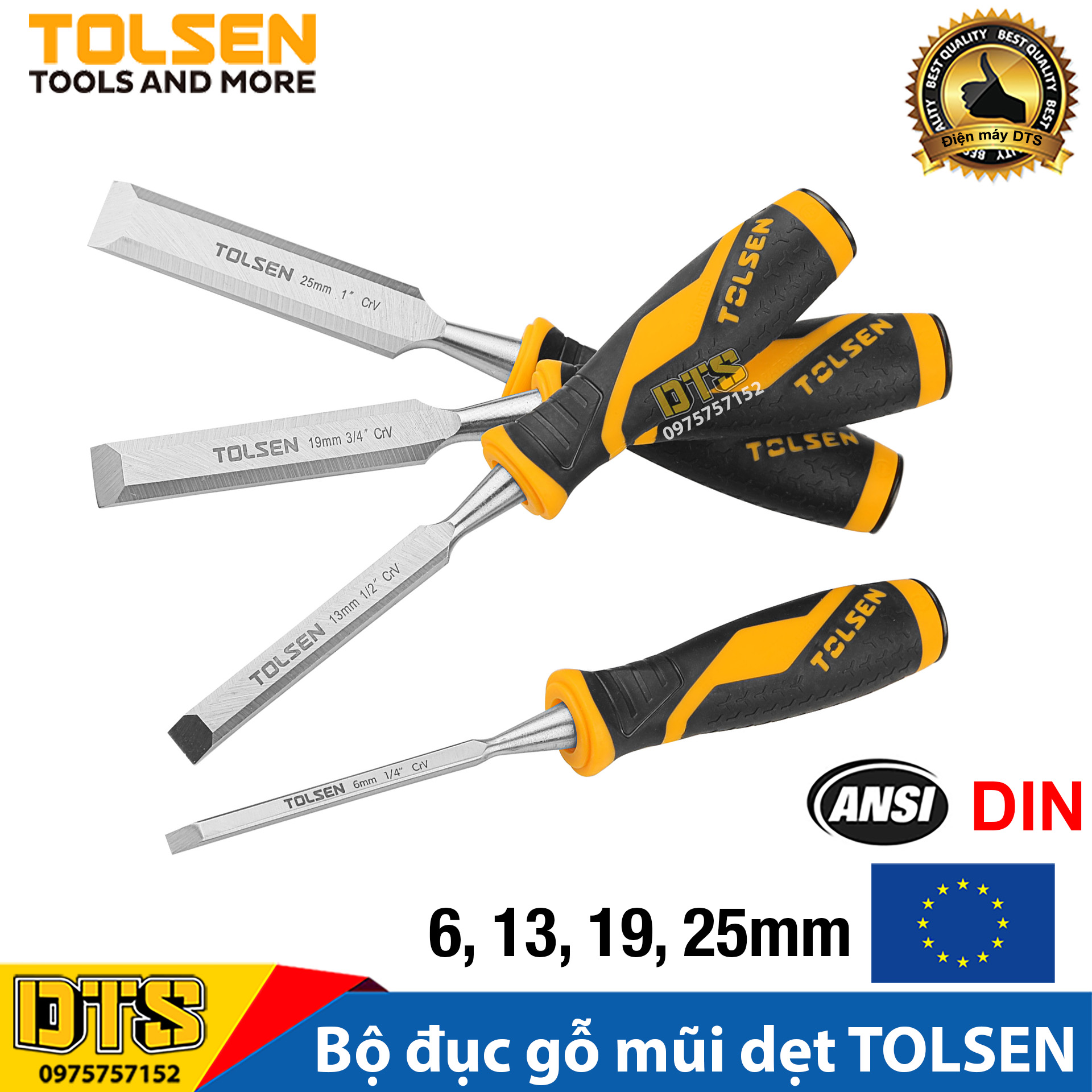 Bộ 4 đục gỗ mũi dẹt cầm tay chuẩn công nghiệp tolsen 6mm, 13mm, 19mm, 25mm - tiêu chuẩn xuất khẩu châu âu