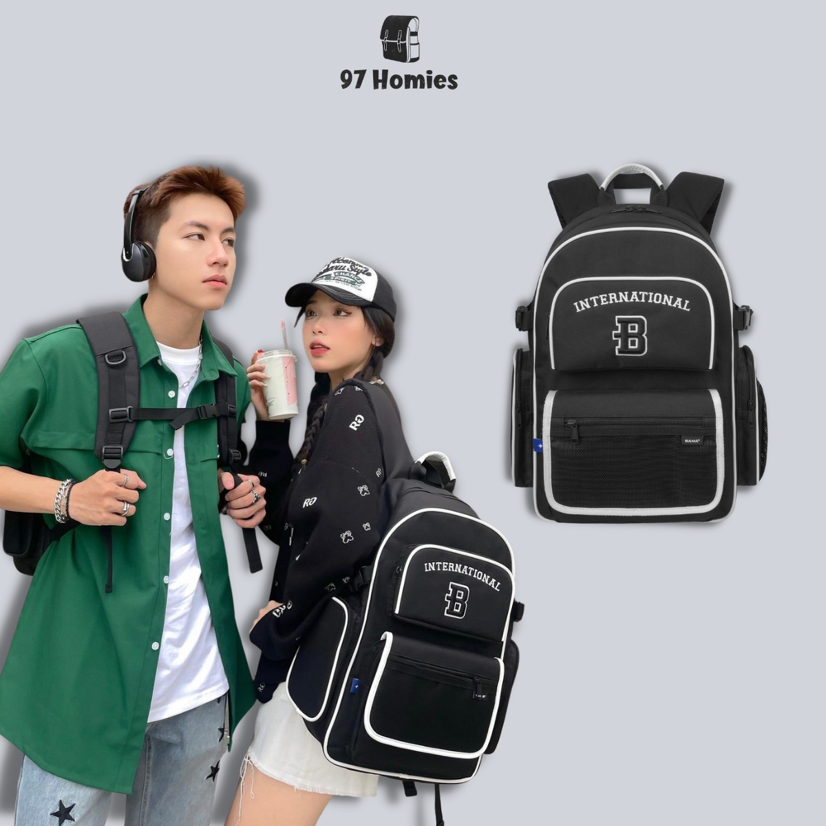 Balo đi học BAMA Border Backpack nam nữ thời trang dày dặn, bền đẹp