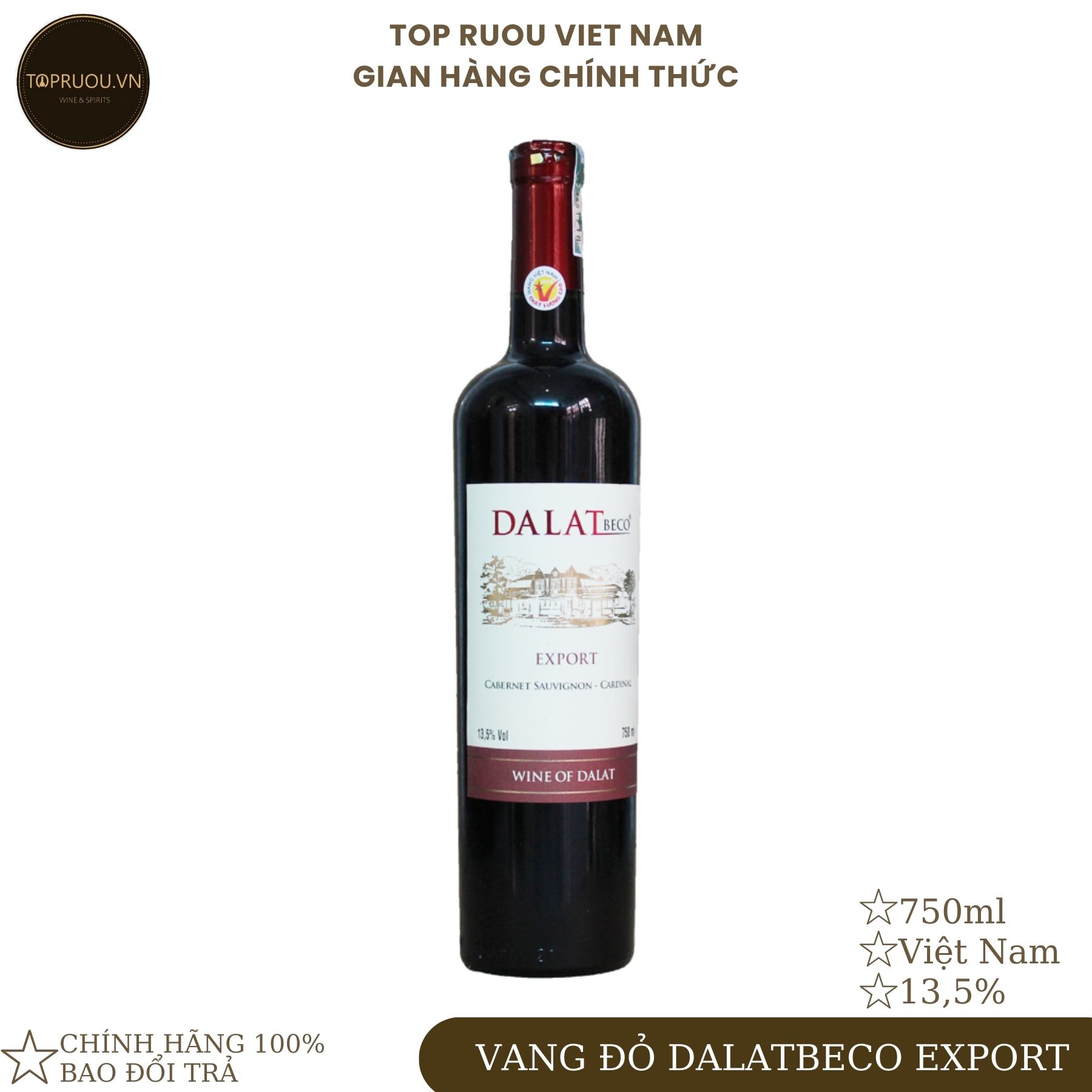 Rượu vang đỏ dalatbeco export 750ml 13.5% - hàng thật - giao nhanh