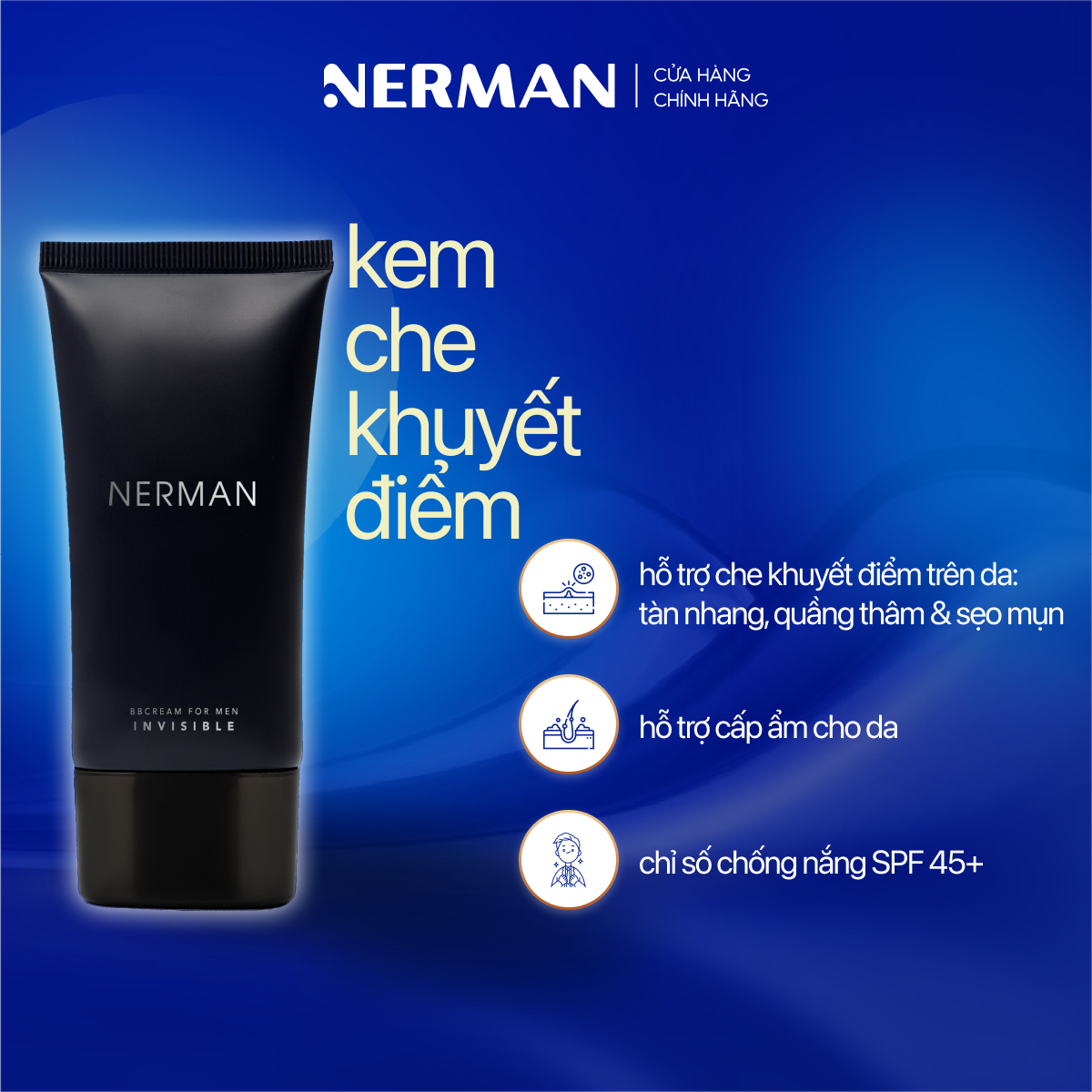 Kem Che Khuyết Điểm Cho Nam Nerman BB Cream Invisible 3-In-1 Chống Nắng Spf 45+, Che Khuyết Điểm, Dưỡng Ẩm Nerman 50g