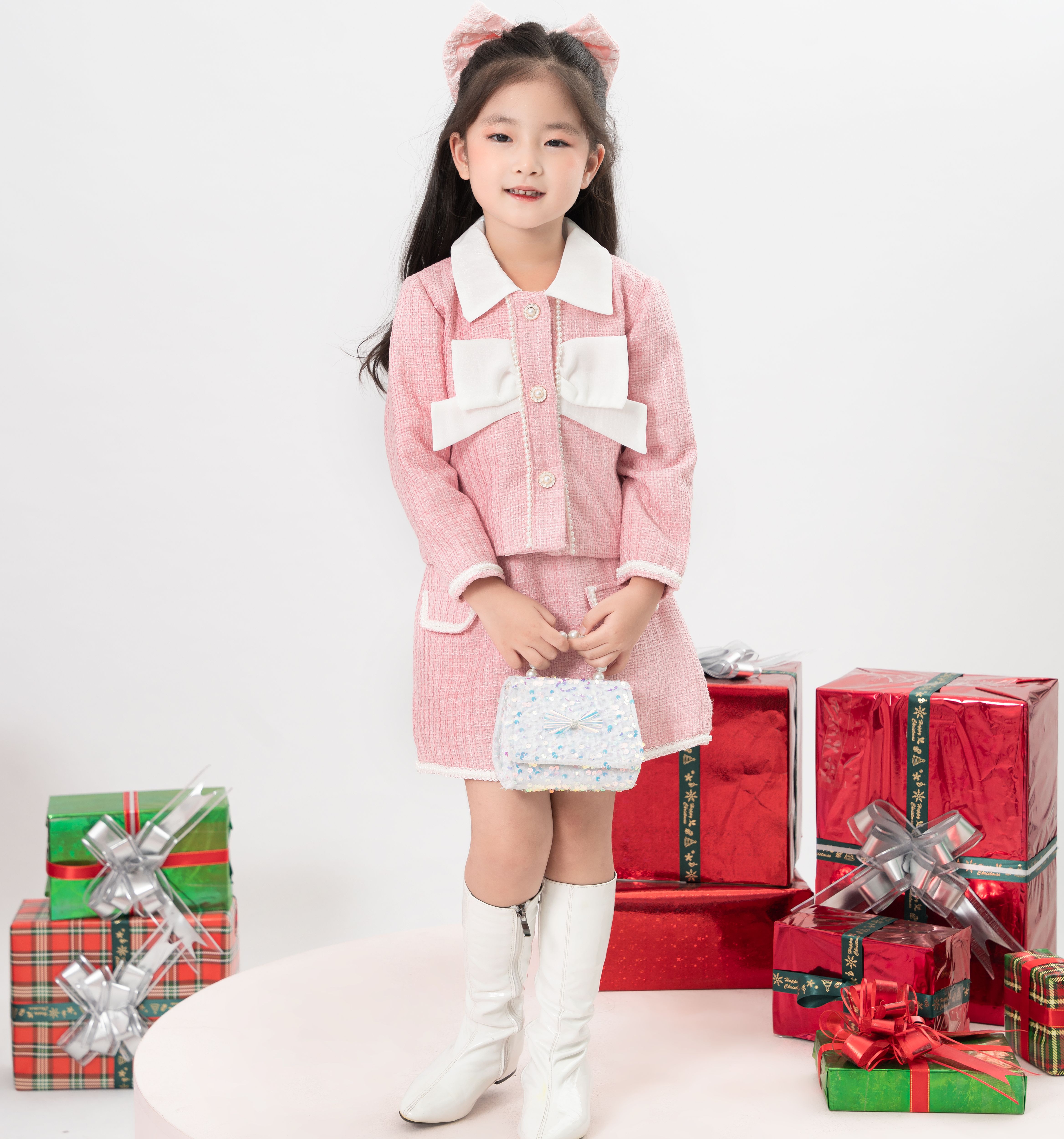 Set dạ tweed phối nơ ngực bé gái ilaby bán tách rời [1355+1422