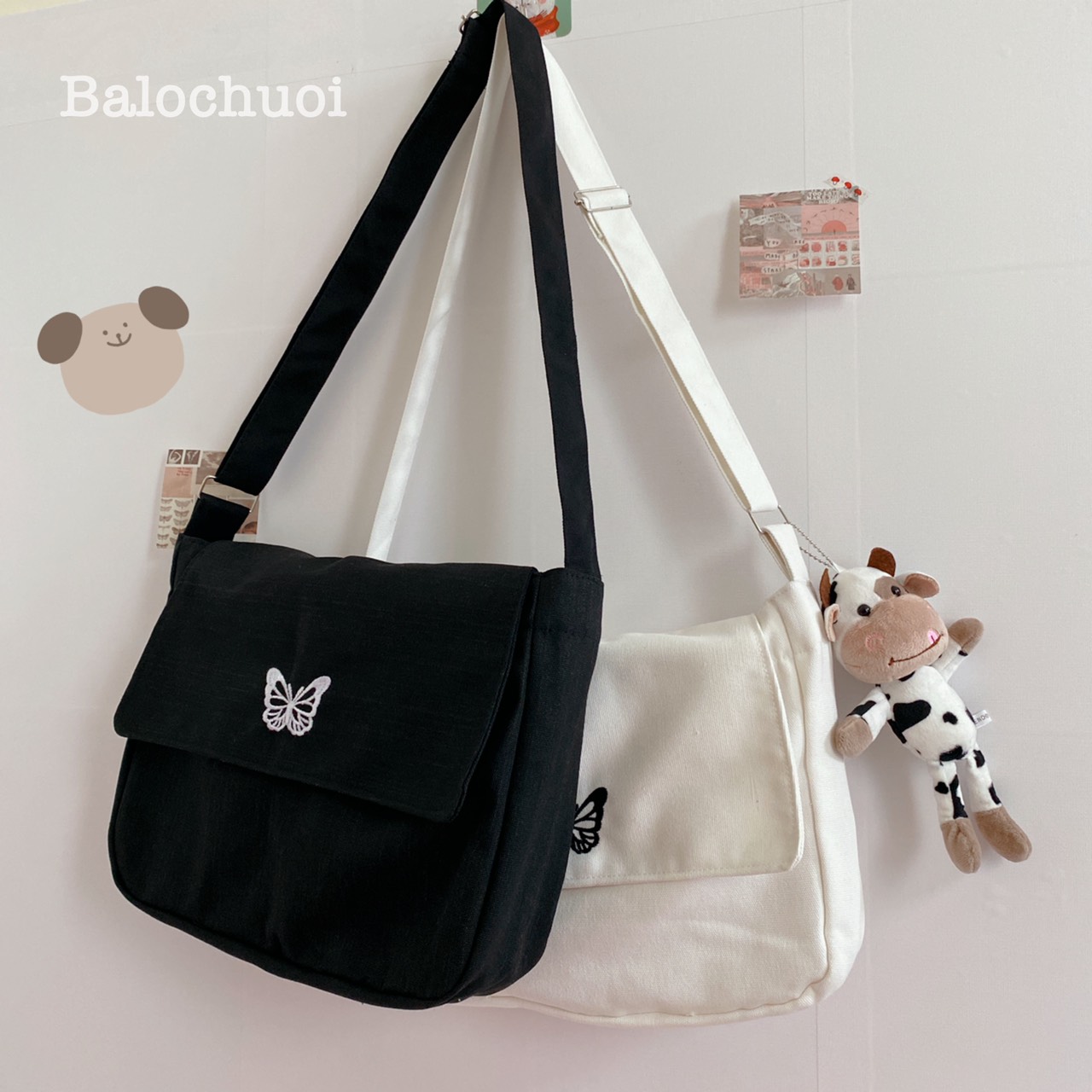 Túi đeo chéo nữ vải canvas nút bấm hình com bướm đựng vừa a4